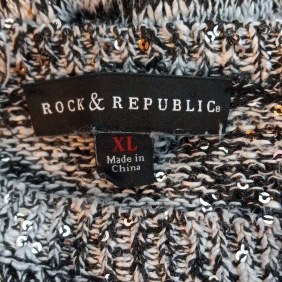 Rock & Republic Size XL Womens Sweater Black White Knit Sequins Hi-Lo Hemline - Picture 9 of 10